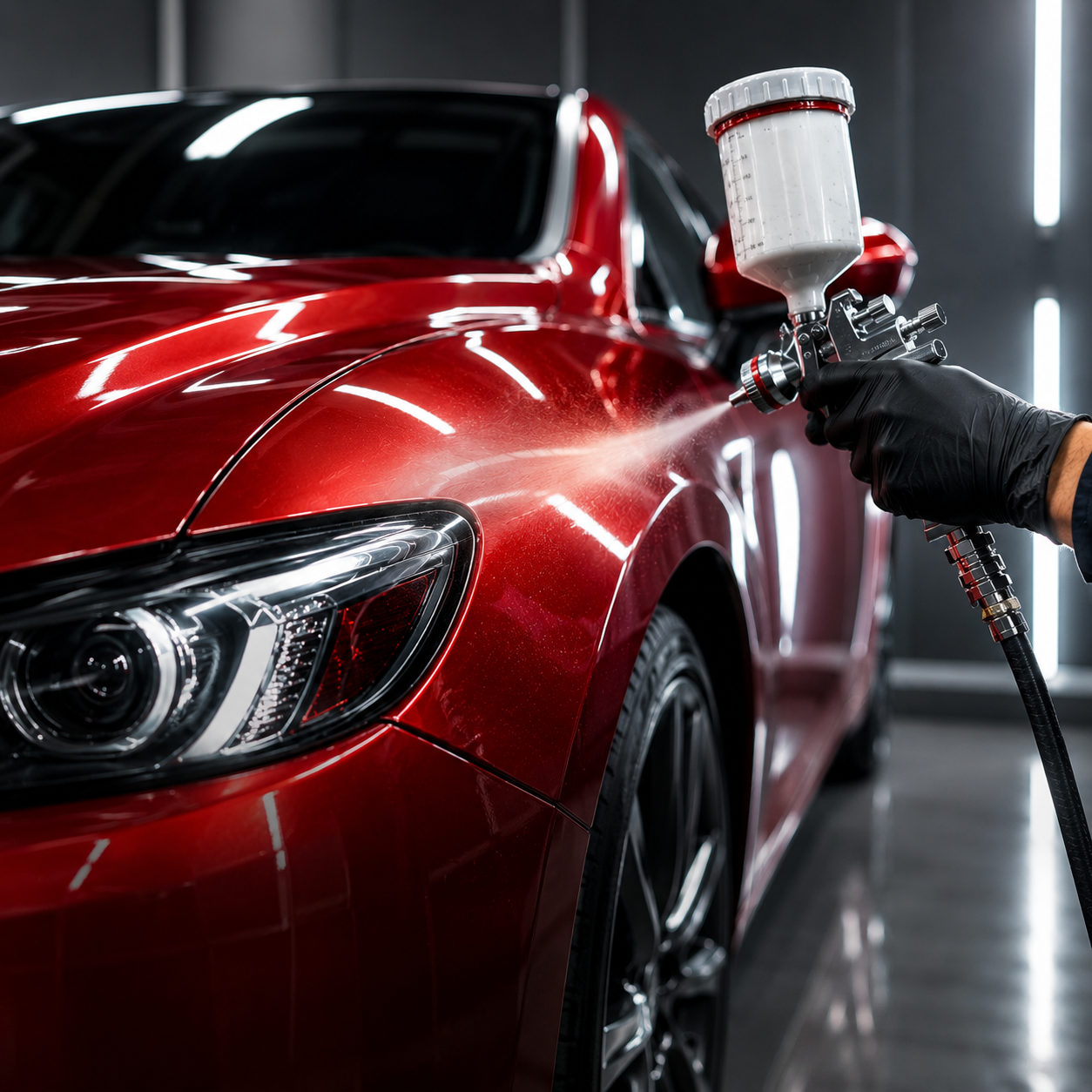 Specialist applying a high-gloss red automotive coating