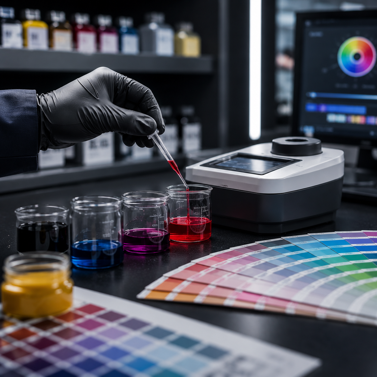Laboratory technician matching ink colors with measurement equipment and color references