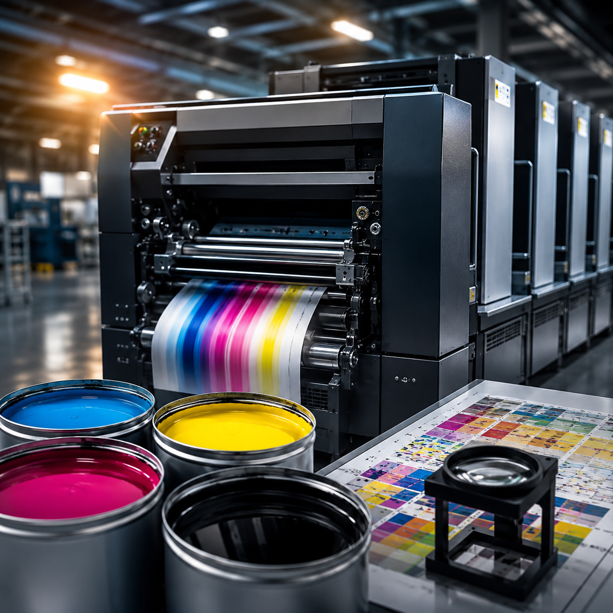 Industrial printing press producing a full-color print beside CMYK ink containers